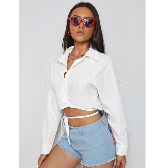 White Crop Button Up Down Was it Ties Long Sleeve Collared Shirt - Picture 3 of 7